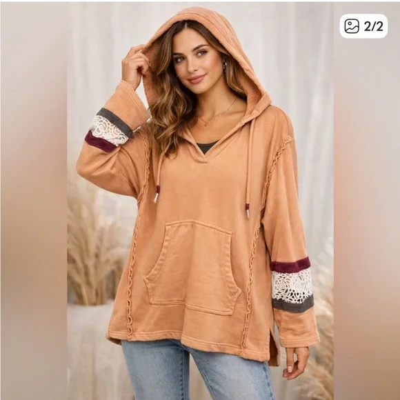 Coldwater Creek Peach Salmon Boho Hoodie with Lace Trim - Picture 1 of 2